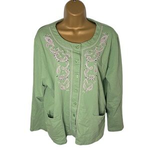 Y2K C&K Designs Embroidered Button Front Knit Top Patch Pockets Green XL